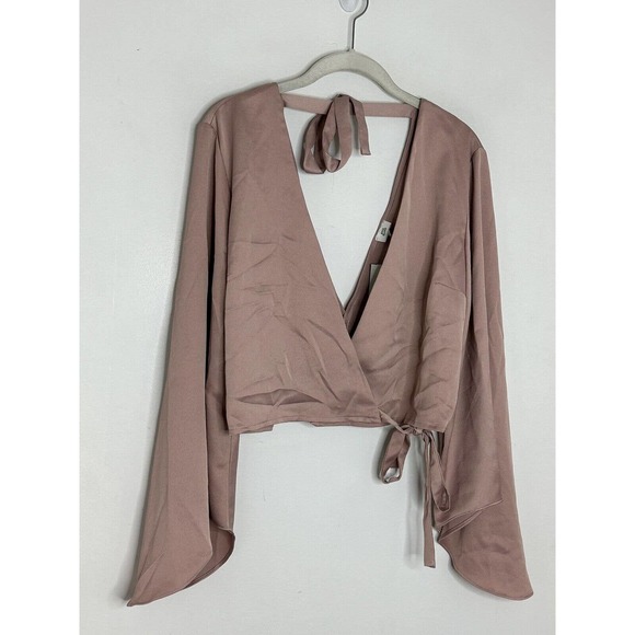 NWT River Island Blush Pink Long Flounce Sleeve Cropped Wrap Blouse Size 12 - Picture 3 of 9